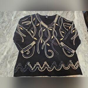 Carole Little Woman Black Embroidered Metallic Top 1X Long Sleeve Dressy Evening
